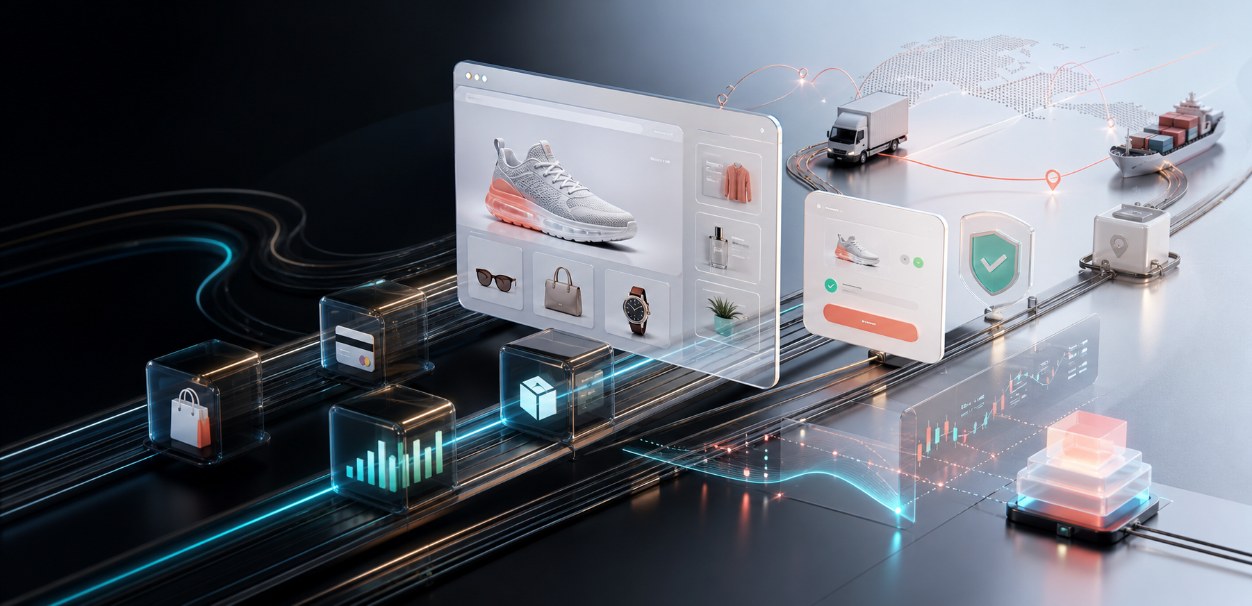 A premium e-commerce agent controller with glowing rails, product panels, checkout tiles, shipping routes, and analytics nodes.